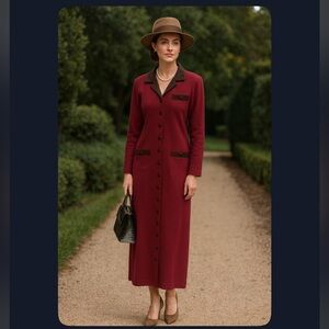 Vtg Talbots Wool Blend Maxi Sweater Dress Button Down Suede Collar Women Size S